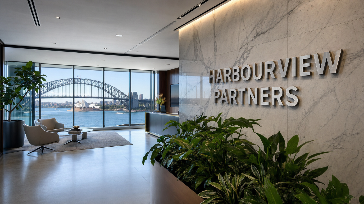 3D brushed stainless steel reception lettering for Sydney CBD corporate office with Harbour Bridge view