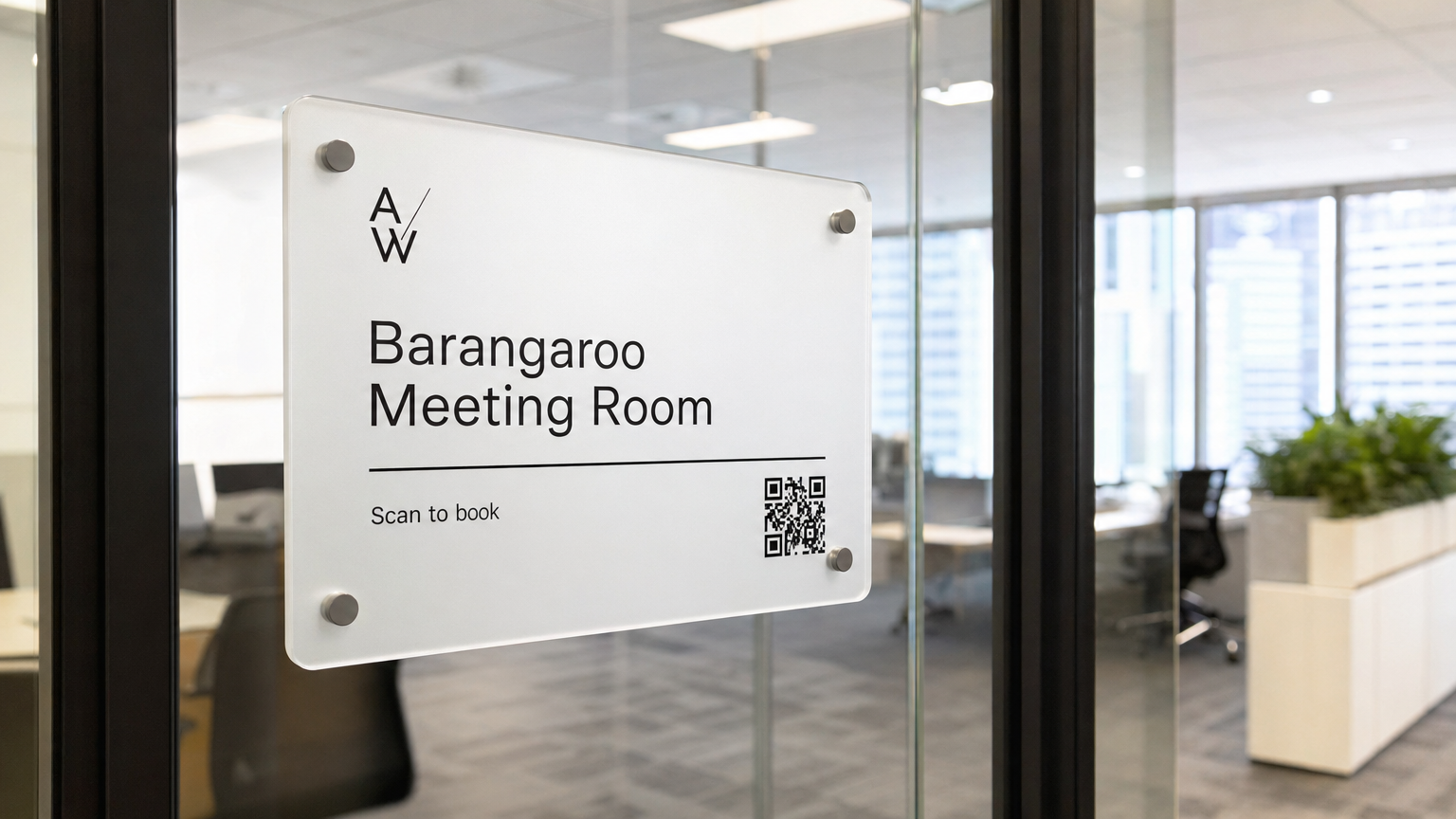 Acrylic Meeting Room Signs Sydney Office Frosted acrylic meeting room sign with QR code mounted on glass partition in Sydney CBD office