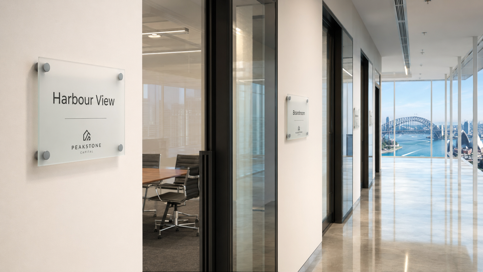 Acrylic Office Signs Sydney CBD Meeting Room Custom acrylic meeting room signs in a Sydney CBD office corridor with Harbour Bridge views