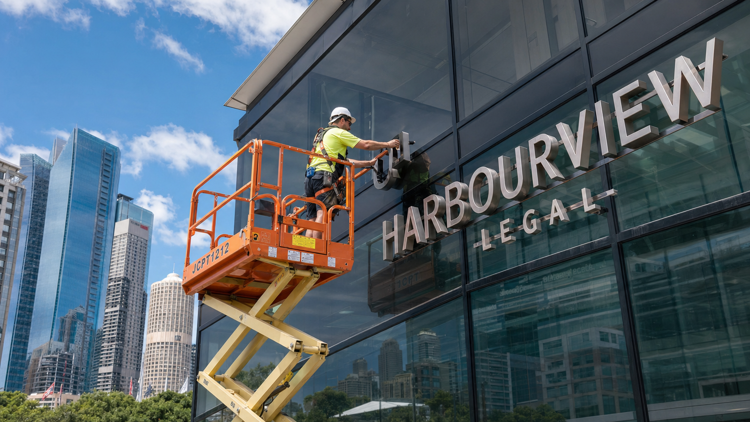 Professional sign installer on a scissor lift attaching dimensional letters to a commercial building in Sydney CBD