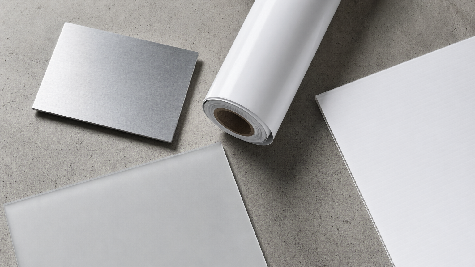 Custom signage materials including aluminium panel, vinyl roll, acrylic sheet and corflute board