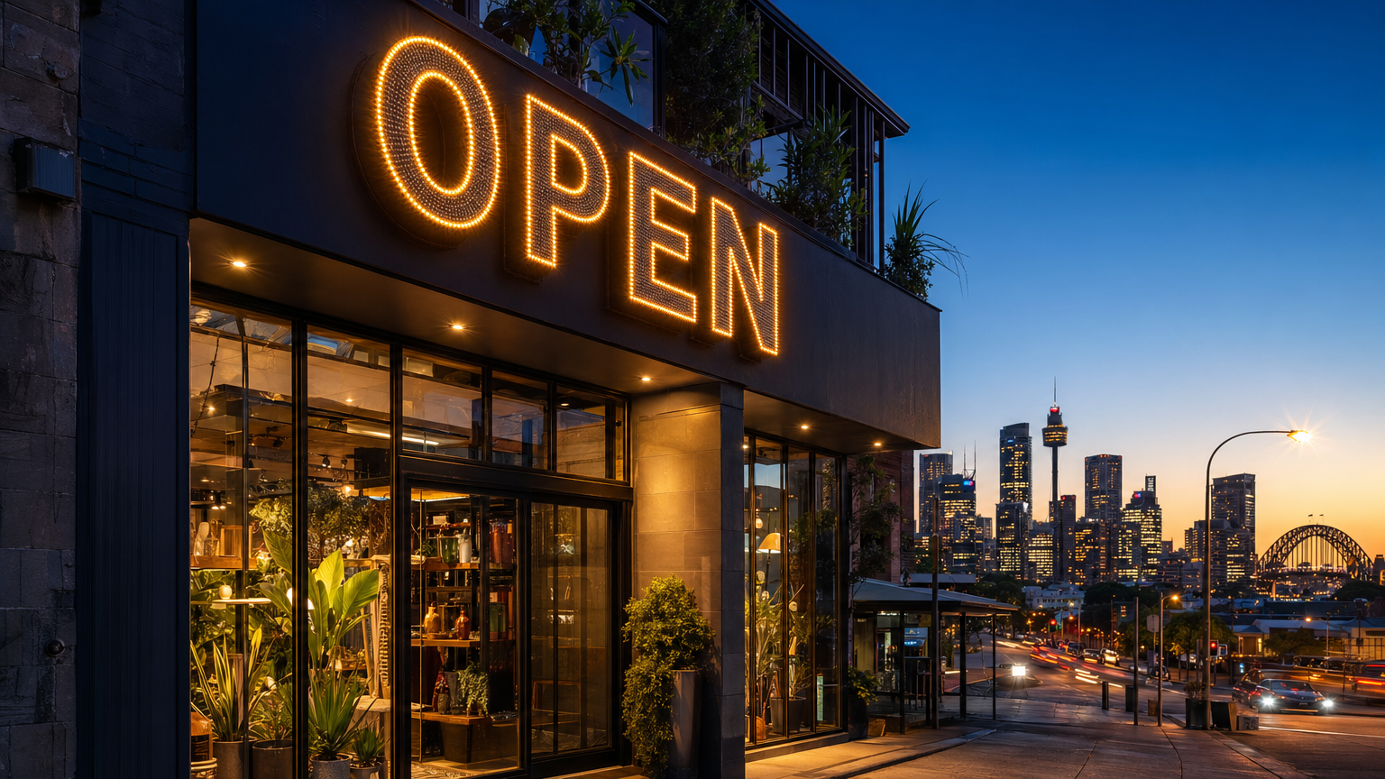 Custom signage on a Sydney shopfront at dusk with illuminated signs