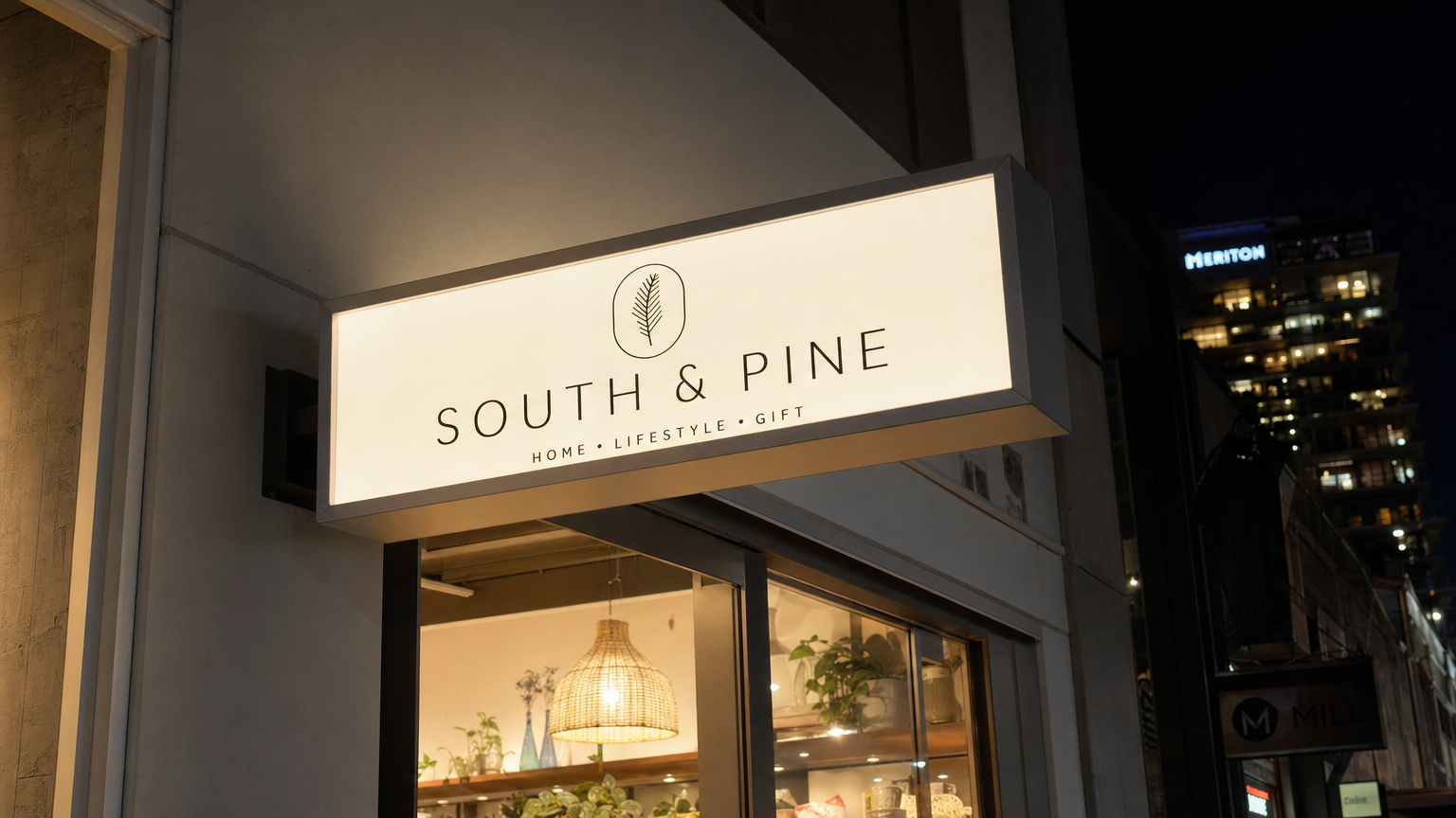Illuminated Lightbox Sign Sydney CBD Shopfront LED illuminated lightbox sign glowing above a Sydney CBD retail shopfront at night