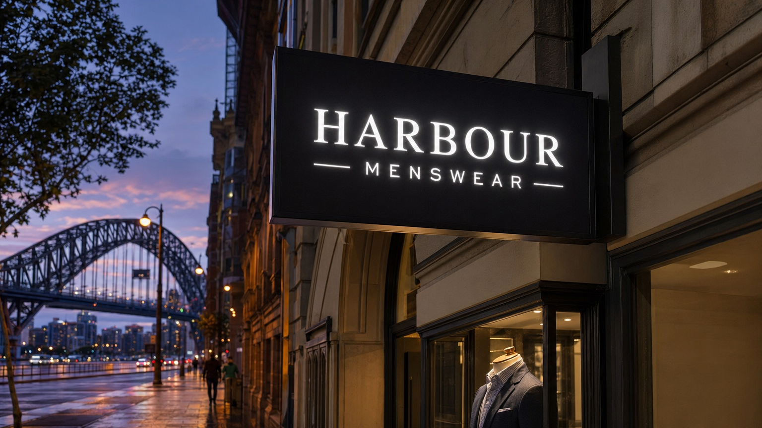 Illuminated Lightbox Sign Sydney Retail Store Illuminated LED lightbox sign on a Sydney retail store fascia near the Harbour Bridge at twilight