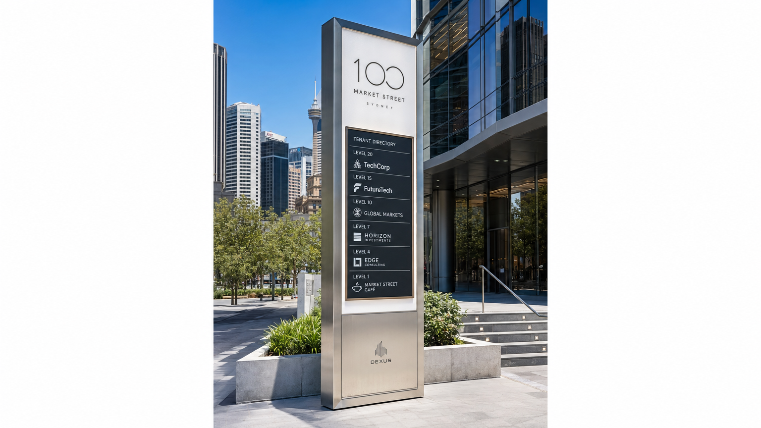 Outdoor Pylon Sign Sydney CBD Commercial Building Tall stainless steel pylon sign with tenant directory at entrance of Sydney CBD commercial building