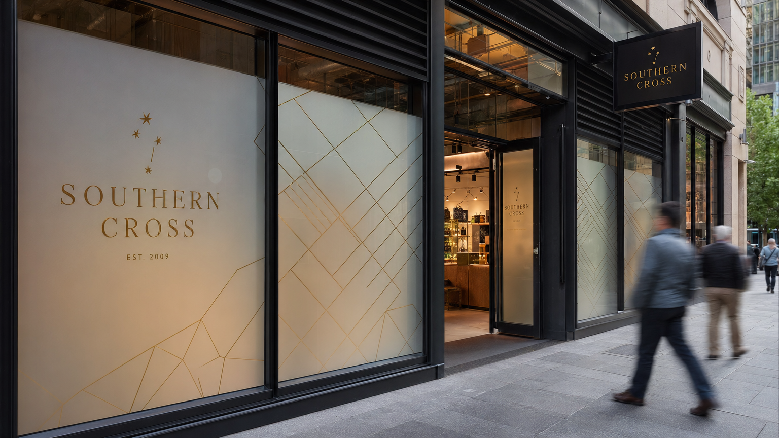 Retail Window Vinyl Graphics Sydney CBD Store Frosted vinyl window graphics and cut vinyl lettering on Sydney CBD retail shopfront