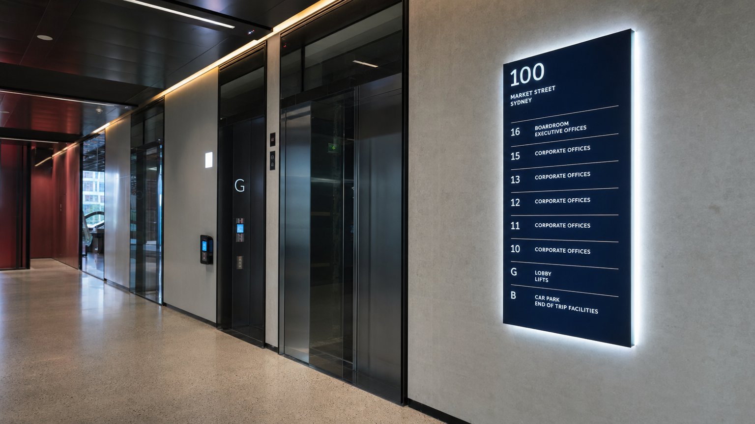 Wayfinding Signage Sydney CBD Commercial Building Professional wayfinding and directory signage system in a Sydney CBD commercial office tower