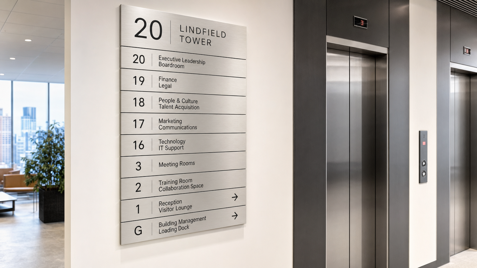 Wayfinding Signs Sydney CBD Commercial Building Brushed aluminium wayfinding directory sign in Sydney CBD commercial office tower near lifts